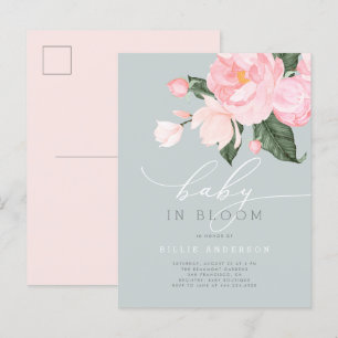 Invitation Carte Postale Bleu Dusty Blush Floral Baby en Fleur Douche
