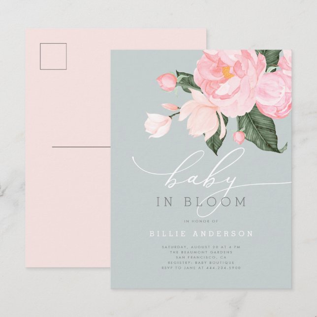 Invitation Carte Postale Bleu Dusty Blush Floral Baby en Fleur Douche (Devant / Derrière)
