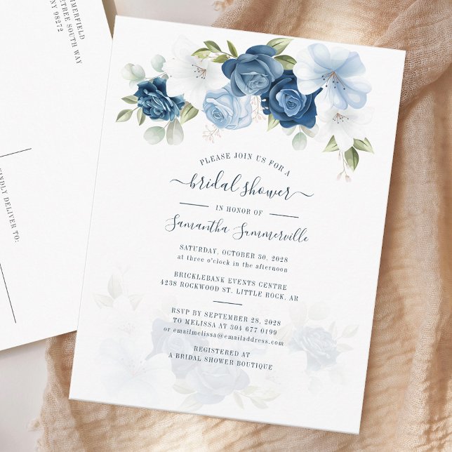 Invitation Carte Postale Bleu Dusty Fête des mariées de feuillage (Floral Dusty Blue Watercolor Script Bridal Shower Invitation)
