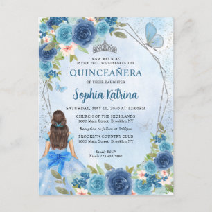Invitation Carte Postale Bleu Dusty Glam Floral Princess Quinceañera