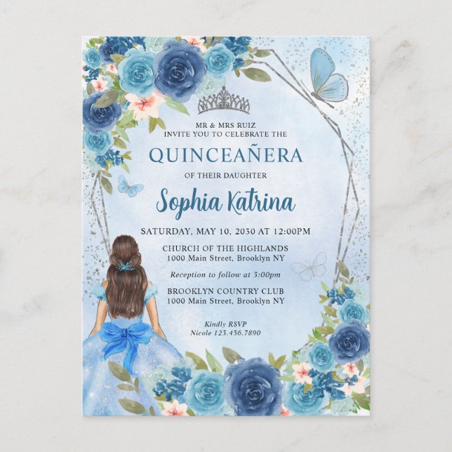 Invitation Carte Postale Bleu Dusty Glam Floral Princess Quinceañera (Devant)