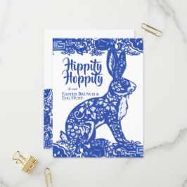 Invitation Carte Postale Bleu et blanc Lapin de Pâques Brunch Chasse aux oe