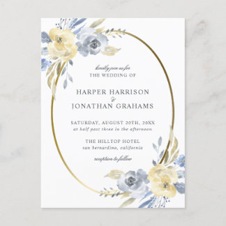 Invitation Carte Postale Bleu et jaune floral ovale | Mariage élégant
