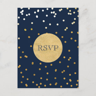 Invitation Carte Postale Bleu et or brillant confettis points chic moderne 