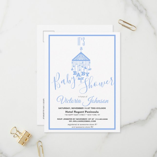 Invitation Carte Postale Bleu moderne C'est un bébé garçon douche Invitatio (Devant/Arrière en situation)