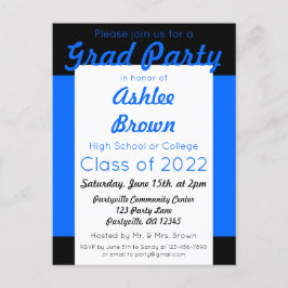 Invitation Carte Postale Bleu noir gras Grad Party Grad