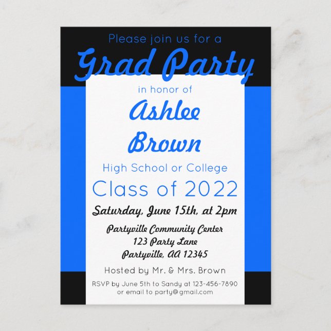 Invitation Carte Postale Bleu noir gras Grad Party Grad (Devant)