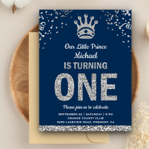 Invitation Carte Postale Bleu Nuit Argent Royal Prince Premier Anniversaire