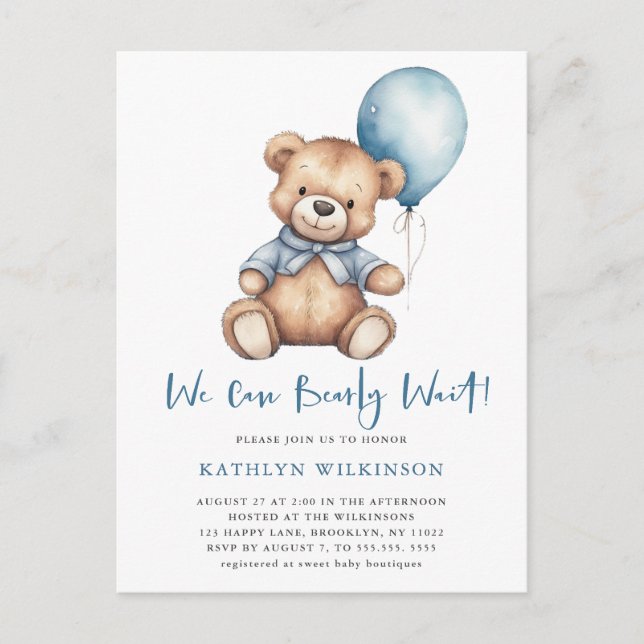 Invitation Carte Postale Bleu On Peut Attendre De Mignons Baby showers Garç (Devant)