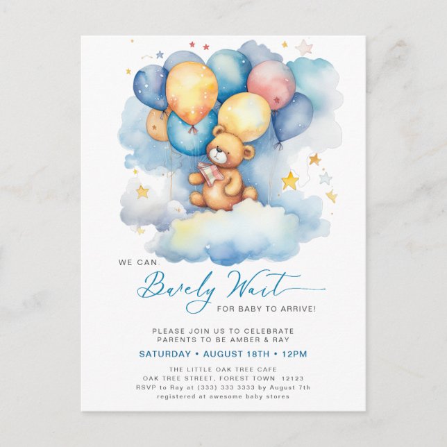 Invitation Carte Postale Bleu On Peut Attendre De Mignons Baby showers Garç (Devant)