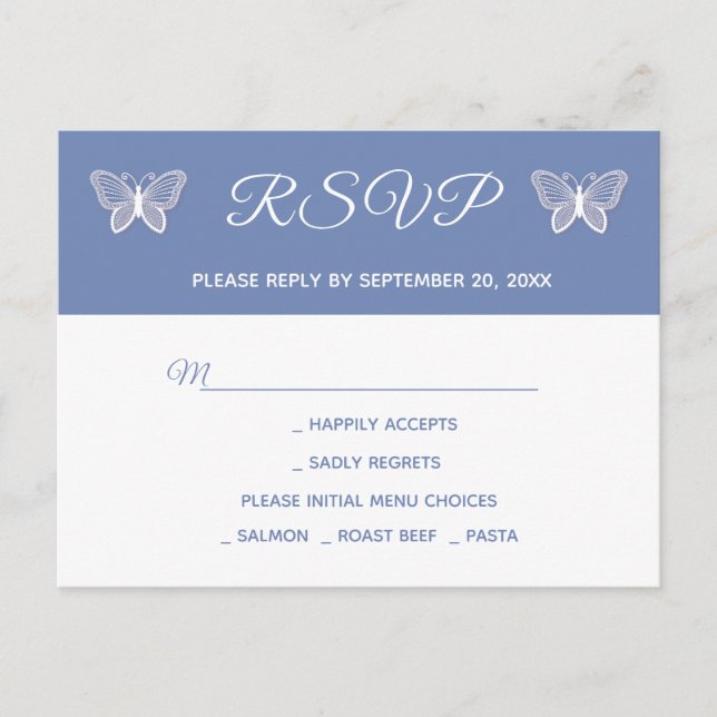 Invitation Carte Postale Bleu RSVP Butterflies Mariage (Devant)