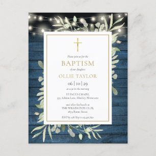 Invitation Carte Postale Bleu Rustique Chaîne Lumières Verdure Baptême