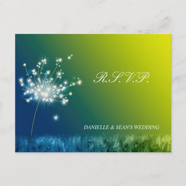 Invitation Carte Postale Bleu Vert Printemps Dandelion Mariage RSVP (Devant)