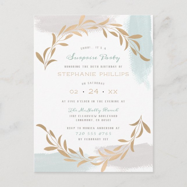 Invitation Carte Postale Blue Aquarelle Brossé Minimaliste Surprise Party (Devant)