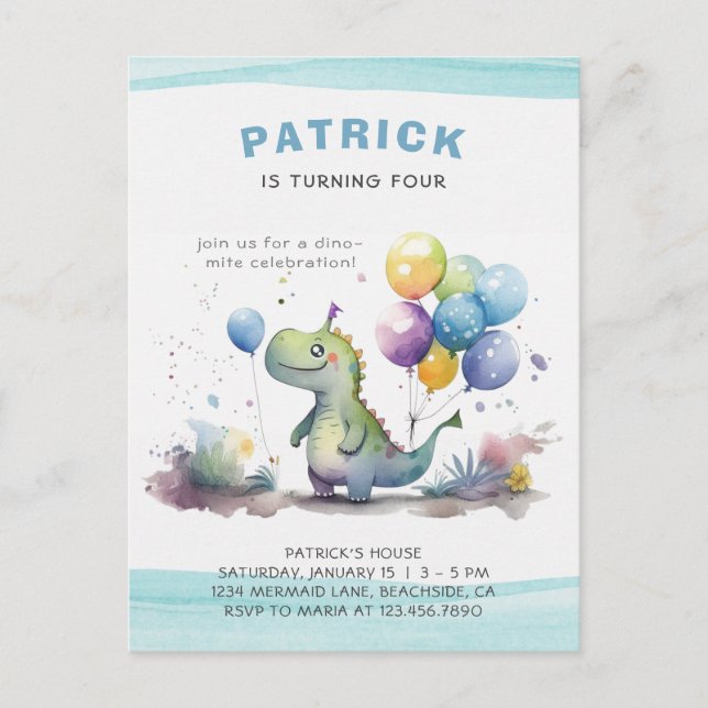 Invitation Carte Postale Blue Dinosaur Garçon Aquarelle Anniversaire (Devant)