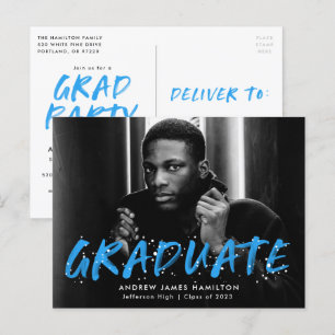 Invitation Carte Postale Blue Modern Paint Splatter Photo Graduation Party