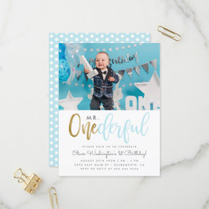 Invitation Carte Postale Blue Mr Onederful Script Photo 1er anniversaire