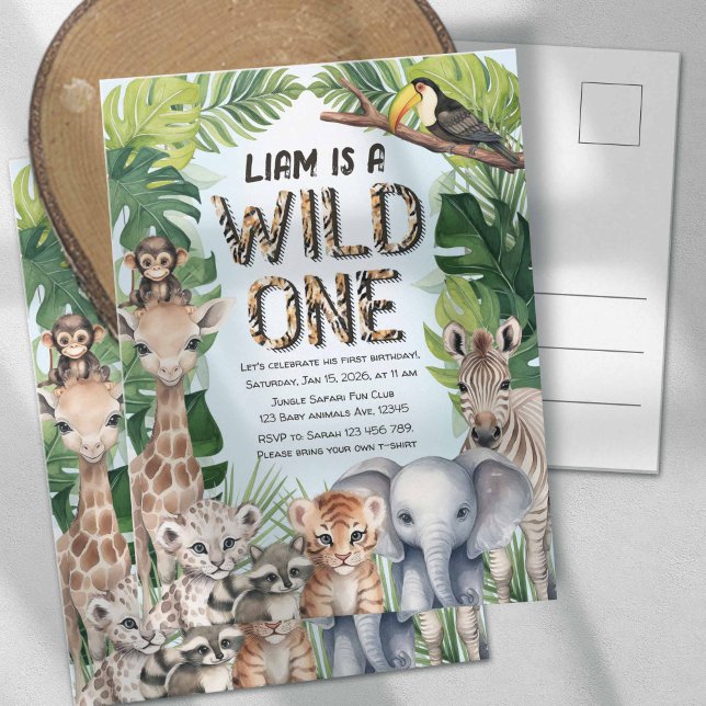 Invitation Carte Postale Blue Safari animaux thème Wild un 1er anniversaire (Boy 1st birthday invitation, Wild one Safari jungle animal postcard invitation.)