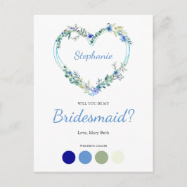 Invitation Carte Postale Blue Shades Wreath Heart for Bridesmaids Proposal