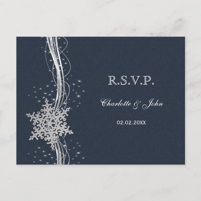 Invitation Carte Postale Blue Silver Snowflakes Mariage d'hiver RSVP (Devant)