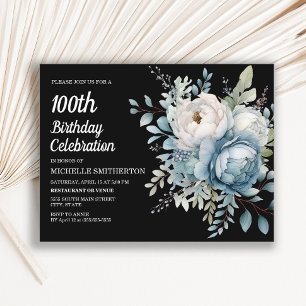 Invitation Carte Postale Blue White Floral Black Femmes 100e anniversaire