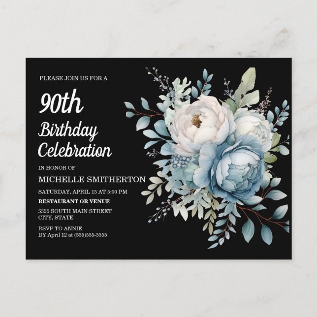 Invitation Carte Postale Blue White Floral Black Femmes 90e anniversaire (Devant)