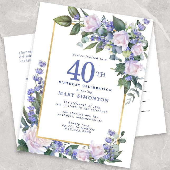 Invitation Carte Postale Blue White Gold Floral 40e fête d'anniversaire (Créateur téléchargé)