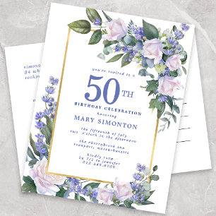 Invitation Carte Postale Blue White Gold Floral 50e fête d'anniversaire