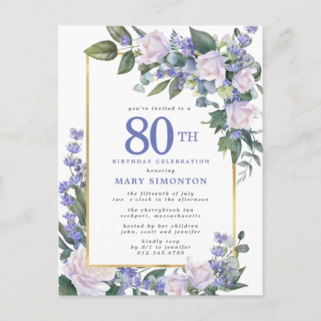 Invitation Carte Postale Blue White Gold Floral 80e fête d'anniversaire (Devant)