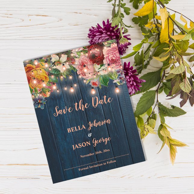 Invitation Carte Postale Blue Wood Floral String Lights Save The Date (Blue Wood Floral String Lights Save The Date Invitation Postcard)