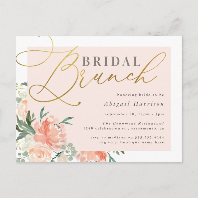 Invitation Carte Postale Blush & Gold Script Floral Bridal Brunch (Devant)
