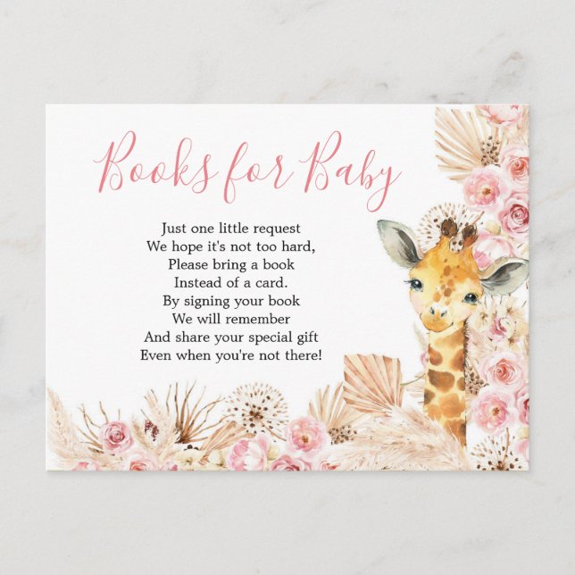 Invitation Carte Postale Blush Pink Boho Giraffe Baby showers Livres pour b (Devant)
