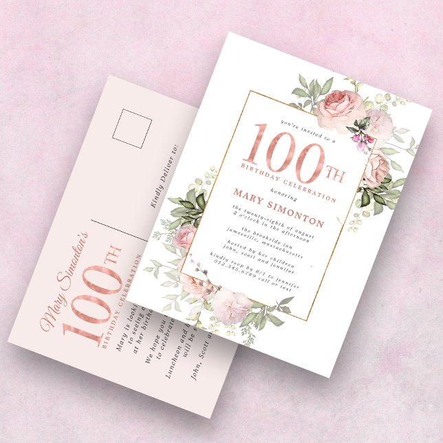 Invitation Carte Postale Blush Pink Gold Floral 100e fête d'anniversaire (Créateur téléchargé)