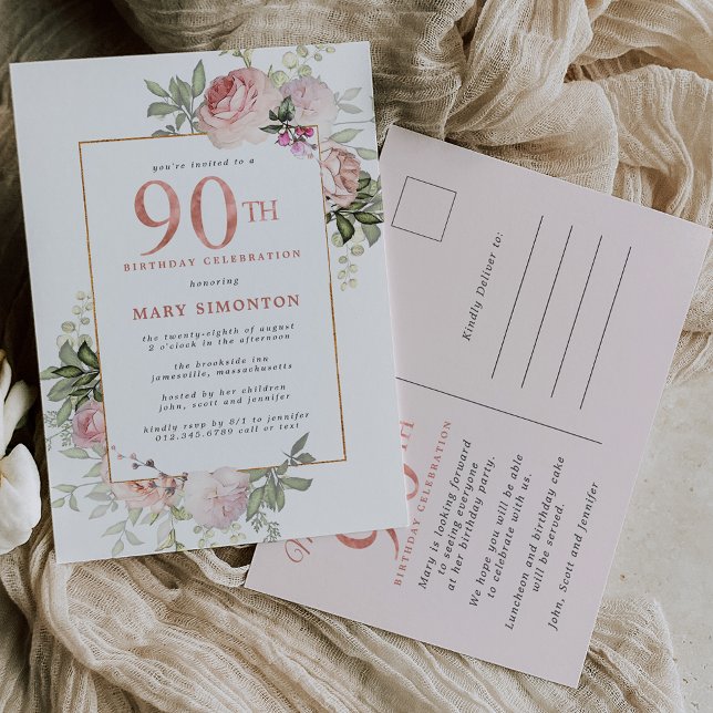 Invitation Carte Postale Blush Pink Gold Floral 90e fête d'anniversaire (Créateur téléchargé)