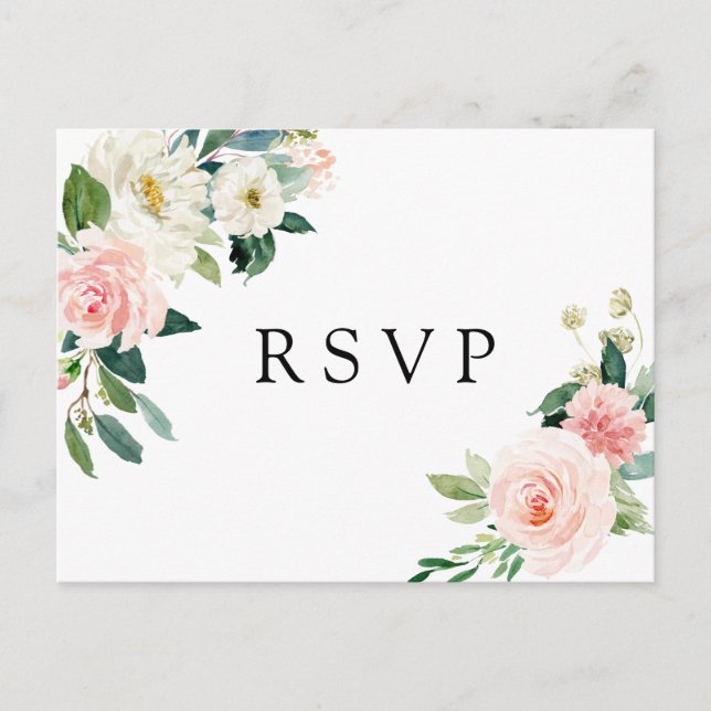 Invitation Carte Postale Blush White Bloom Floral Wedding RSVP (Devant)