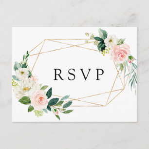 Invitation Carte Postale Blush White Bloom Gold Frame Floral Wedding RSVP