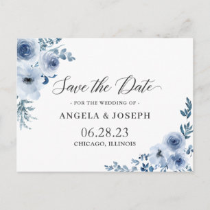 Invitation Carte Postale Bohème Dusty Blue Floral Wedding Enregistrer la da