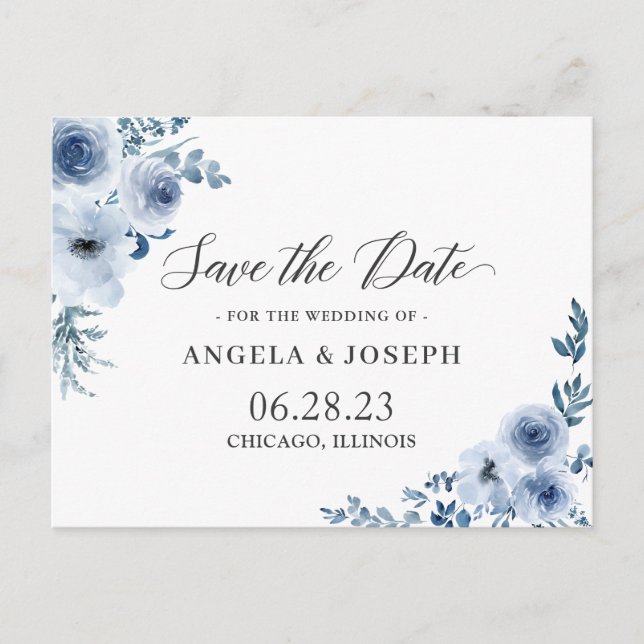 Invitation Carte Postale Bohème Dusty Blue Floral Wedding Enregistrer la da (Devant)
