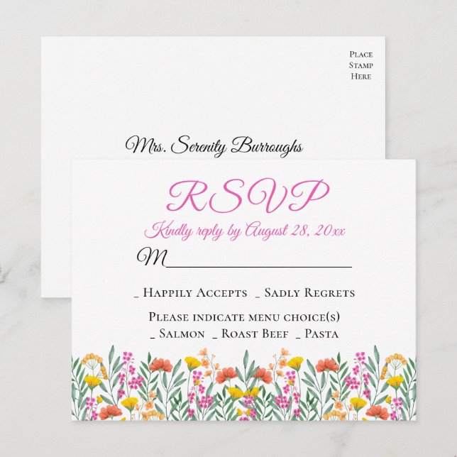 Invitation Carte Postale Boho Fleurs sauvages Printemps Floral Mariage RSVP (Devant / Derrière)