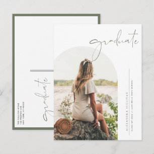 Invitation Carte Postale Boho Taupe Green Minimalist Arch Photo Graduation