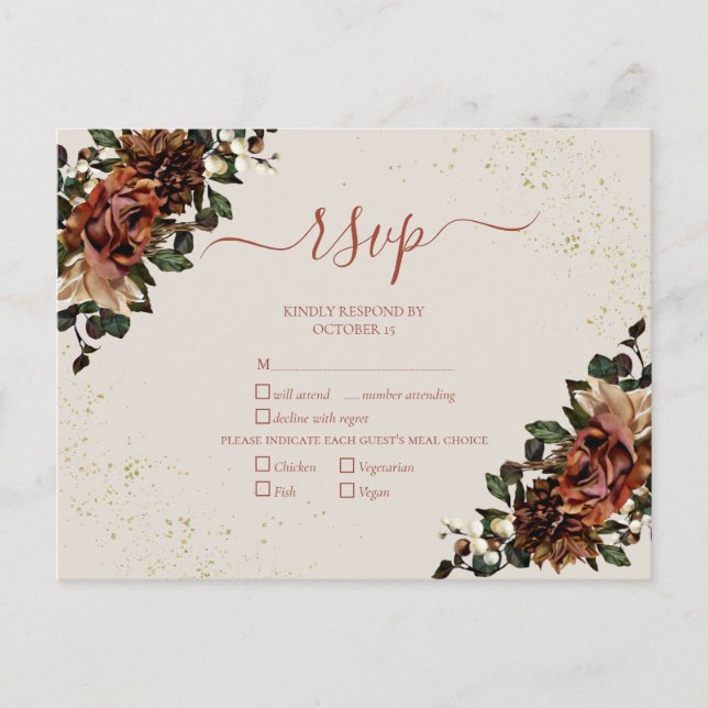 Invitation Carte Postale Boho Terracotta Verdure Floral Gold RSVP (Devant)