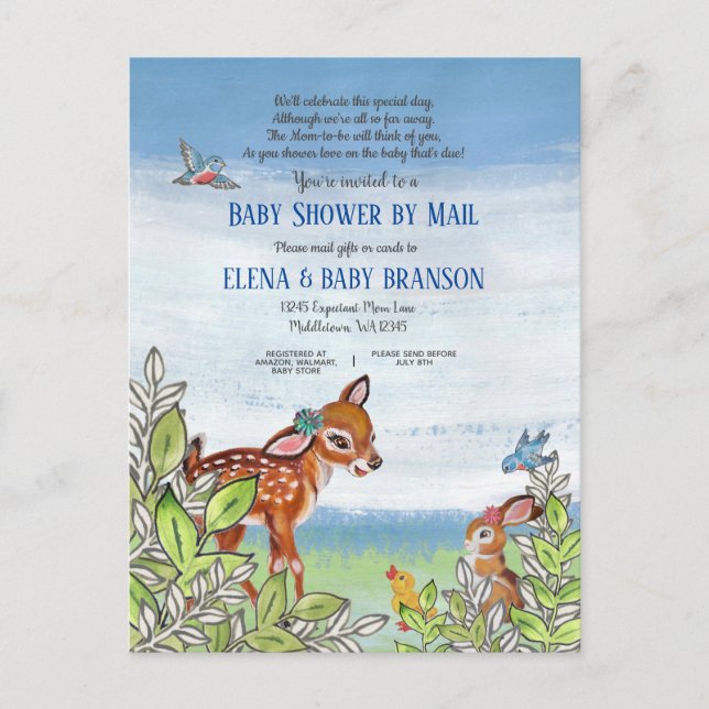 Invitation Carte Postale Bois Baby shower de la verdure animale par courrie (Devant)