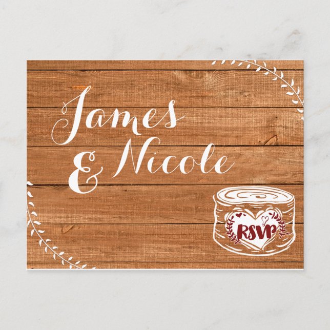 Invitation Carte Postale Bois de chêne rustique et souche de coeur Mariage  (Devant)