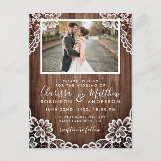 Invitation Carte Postale Bois rustique et dentelle classique Photo Mariage