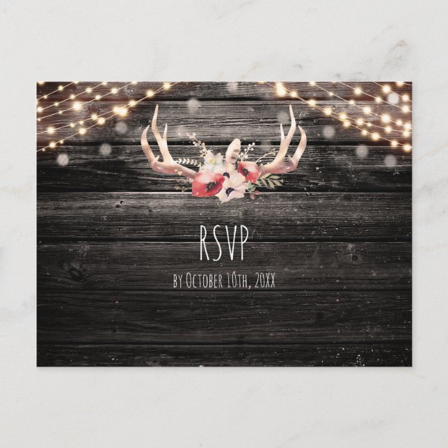 Invitation Carte Postale Bois rustique et lumières Floral Antlers Boho RSVP (Devant)