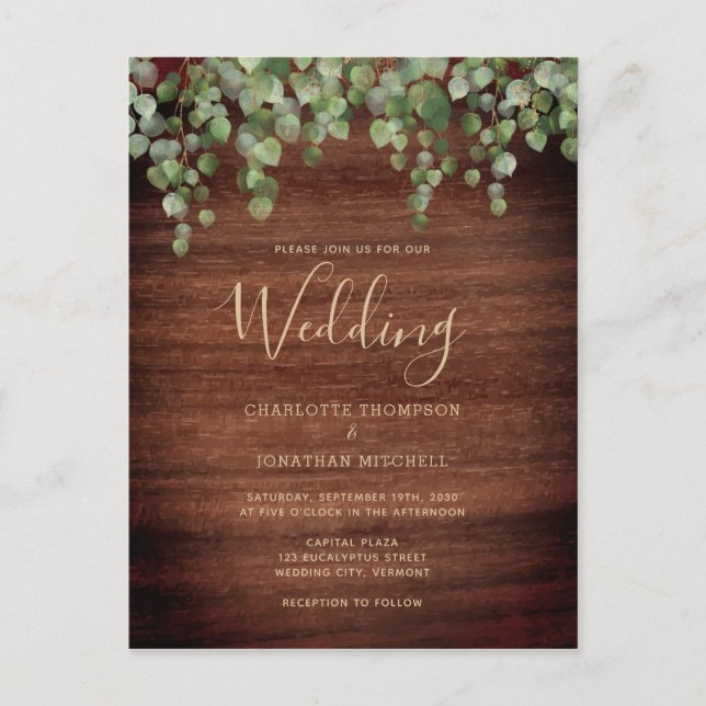 Invitation Carte Postale Bois rustique Eucalyptus Feuillage Mariage (Devant)