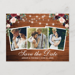 Invitation Carte Postale Bois Rustique Floral 3 Photo Enregistrer La Date