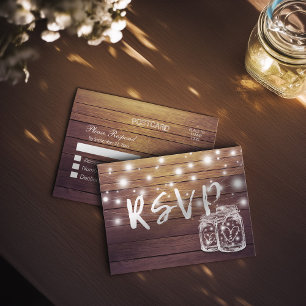 Invitation Carte Postale Bois rustique & Mason Jar String Lumières Mariage