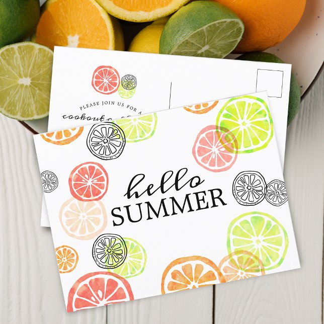 Invitation Carte Postale Bonjour Summer Citrus cueillette collecte (Hello Summer Citrus Cookout Gathering Invitation Postcard)