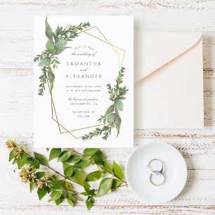 Invitation Carte Postale Botanique Verdure & Or Mariage géométrique